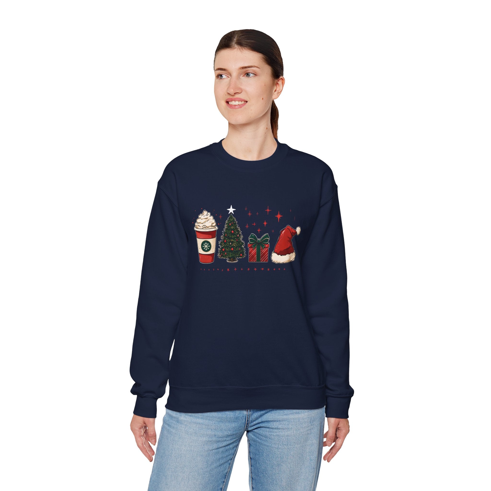 Christmas Icons Crewneck Sweatshirt — Holiday Coffee, Tree & Santa Hat Design