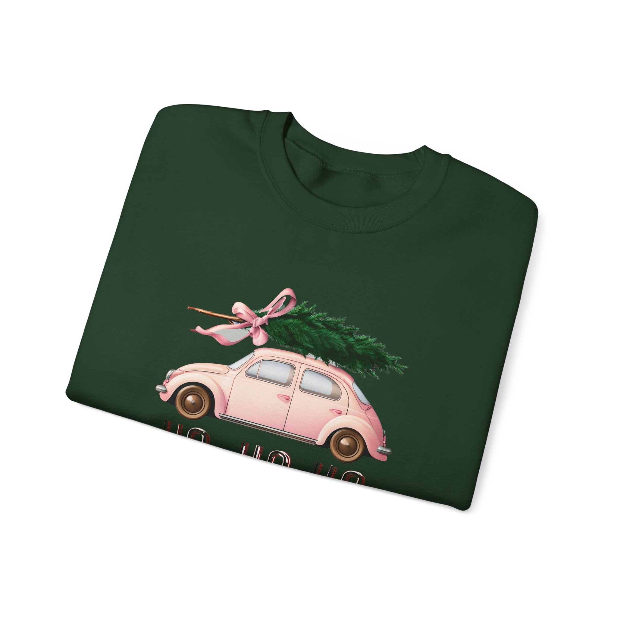 Christmas Tree Car Sweatshirt – Pink Beetle with 'Ho Ho Ho' Holiday Crewneck