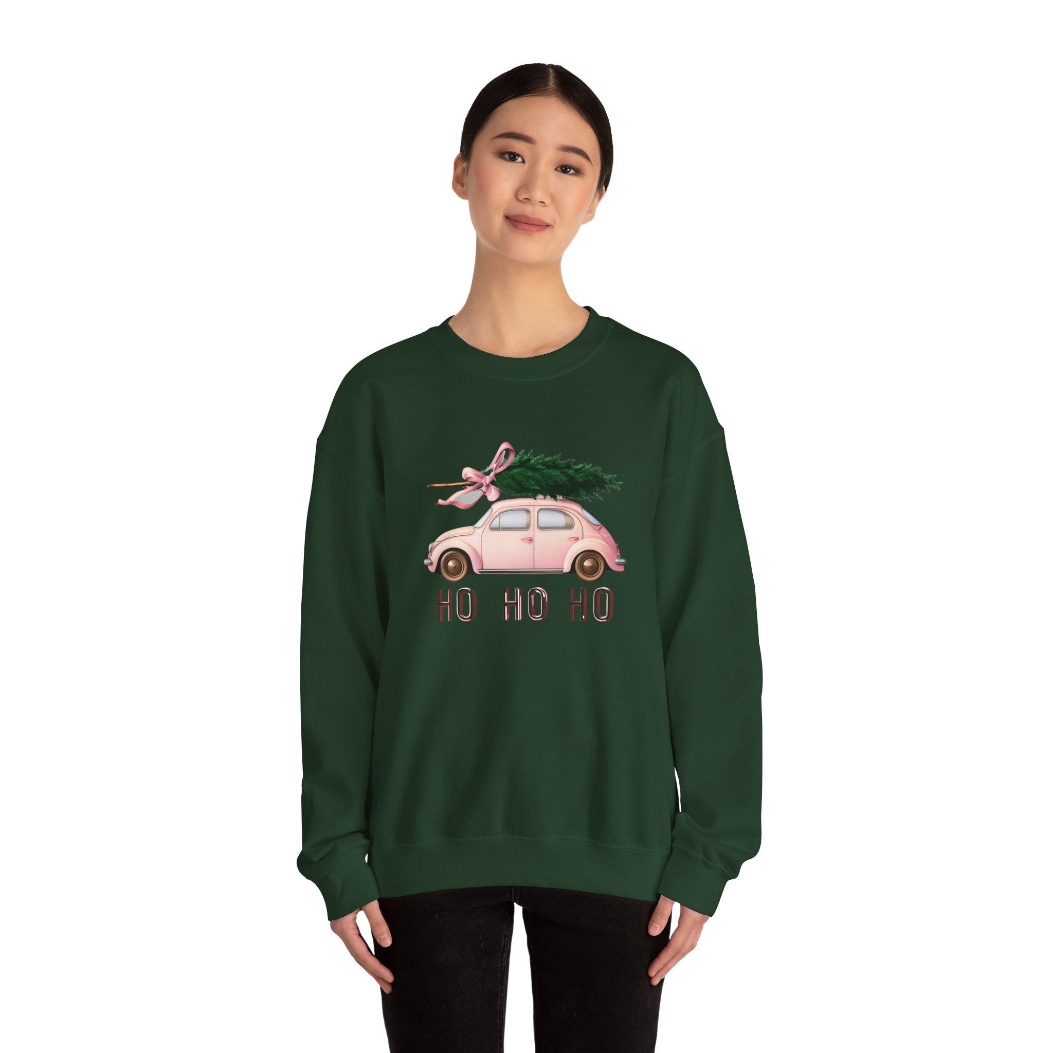 Christmas Tree Car Sweatshirt – Pink Beetle with 'Ho Ho Ho' Holiday Crewneck