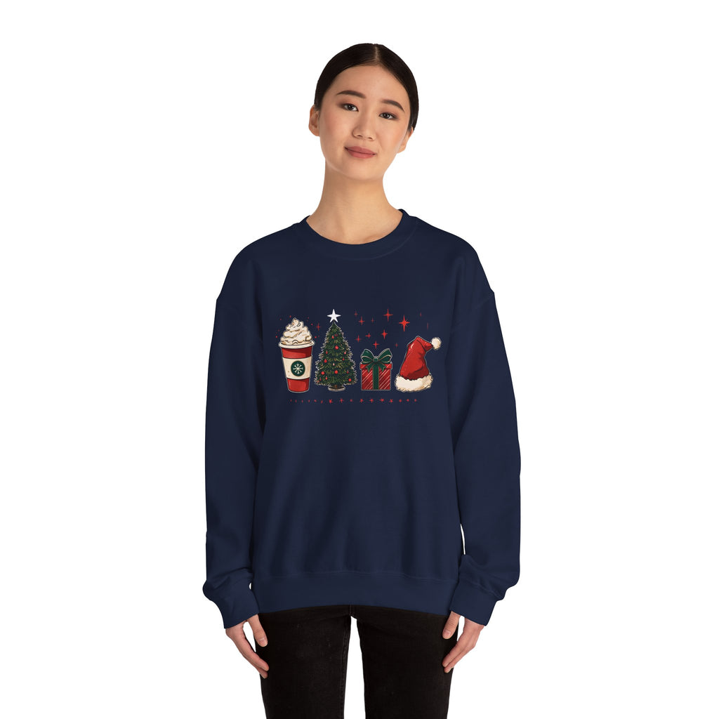 Christmas Icons Crewneck Sweatshirt — Holiday Coffee, Tree & Santa Hat Design