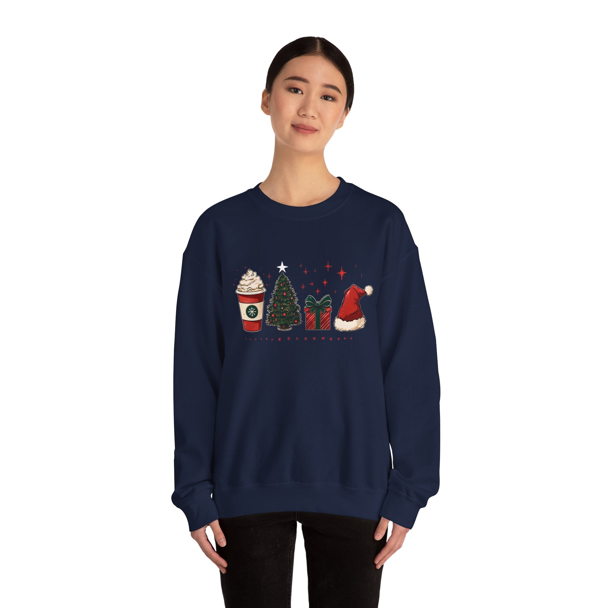 Christmas Icons Crewneck Sweatshirt — Holiday Coffee, Tree & Santa Hat Design
