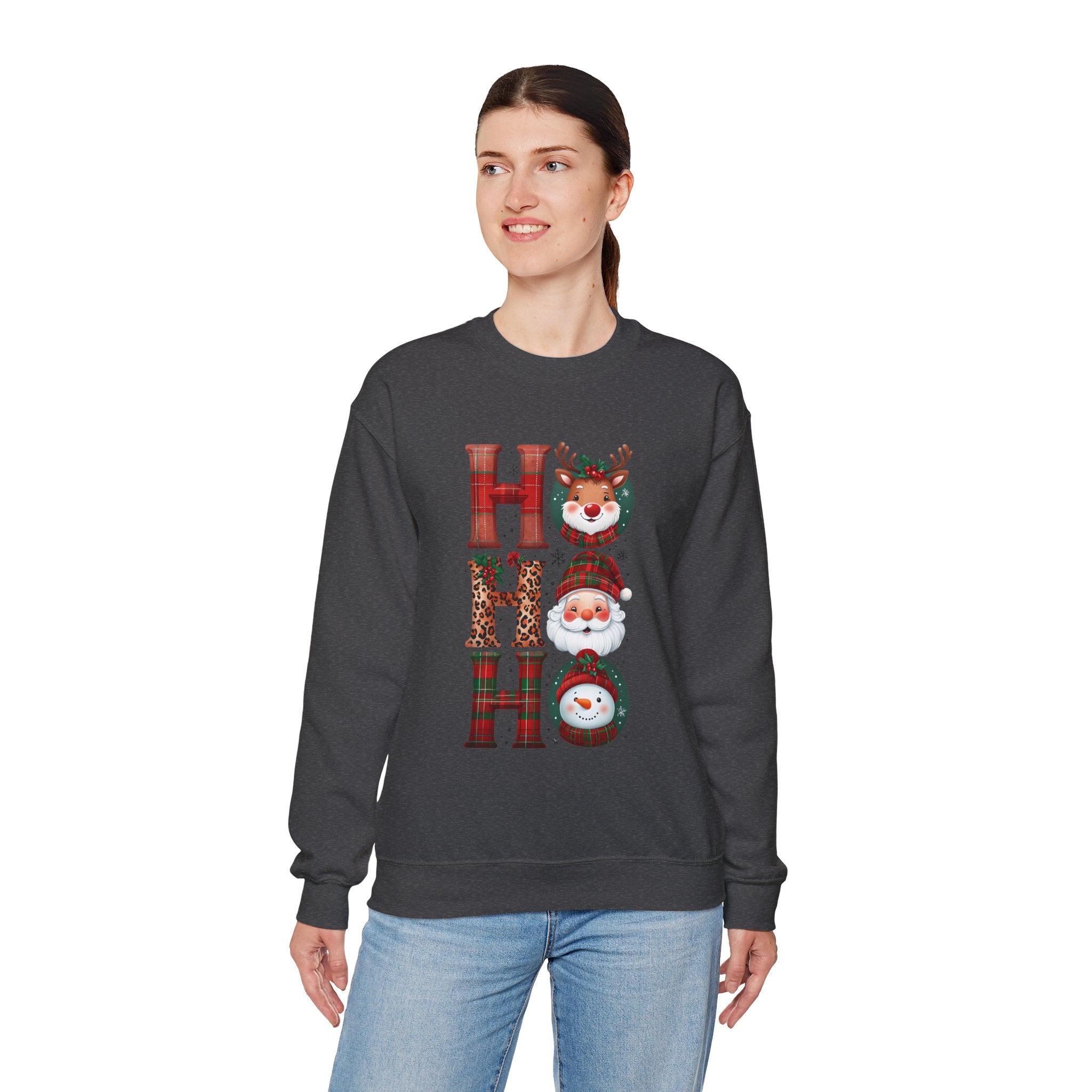 Christmas 'HO HO HO' Crewneck Sweatshirt — Santa, Reindeer & Snowman Holiday Sweatshirt