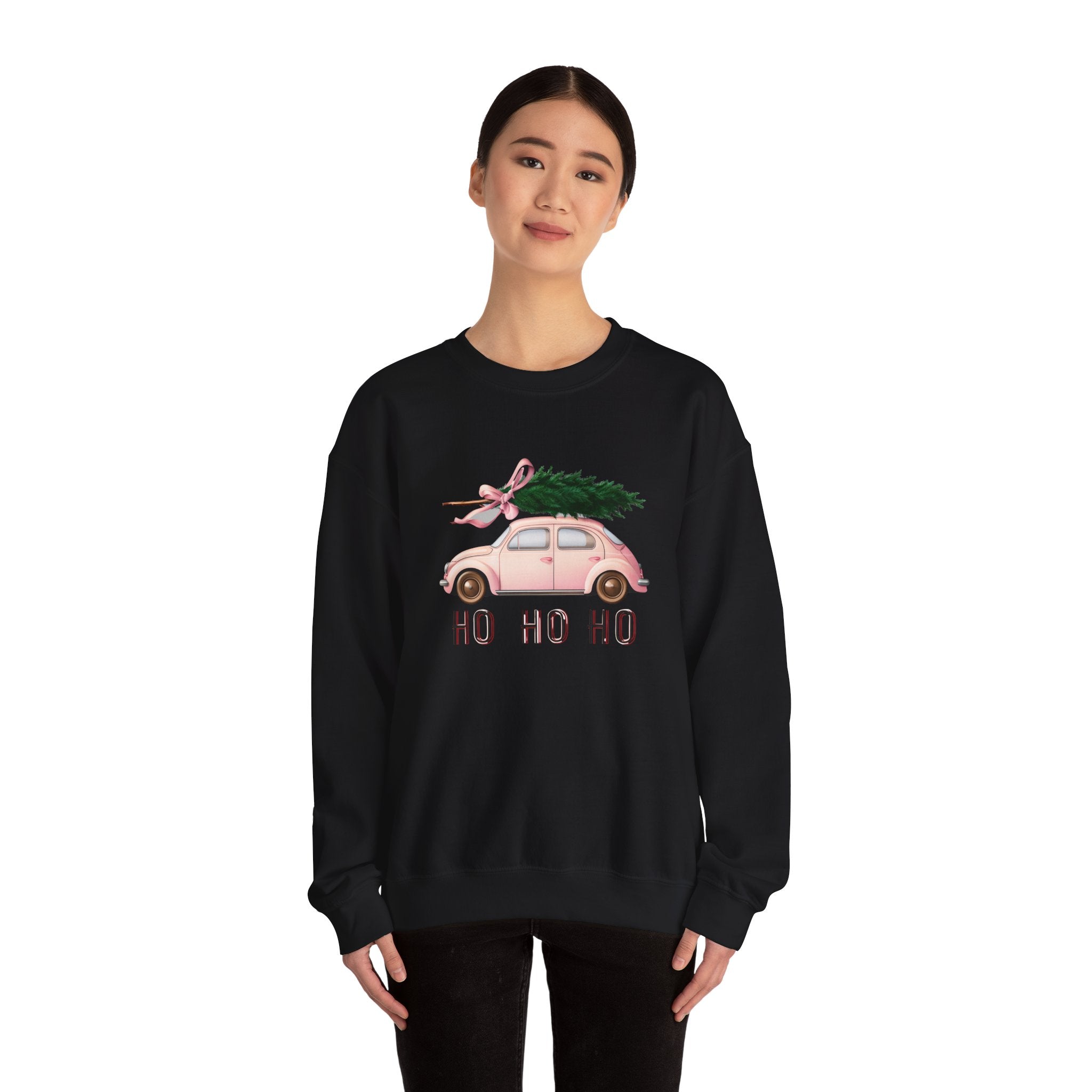 Christmas Tree Car Sweatshirt – Pink Beetle with 'Ho Ho Ho' Holiday Crewneck