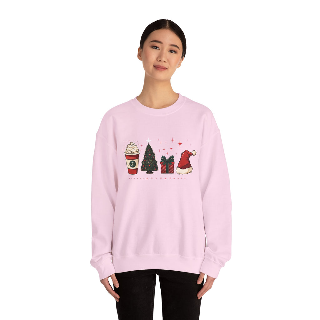 Christmas Icons Crewneck Sweatshirt — Holiday Coffee, Tree & Santa Hat Design
