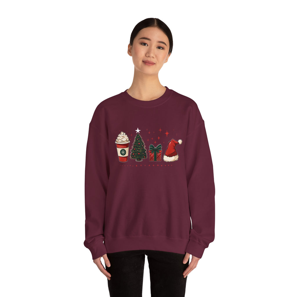 Christmas Icons Crewneck Sweatshirt — Holiday Coffee, Tree & Santa Hat Design