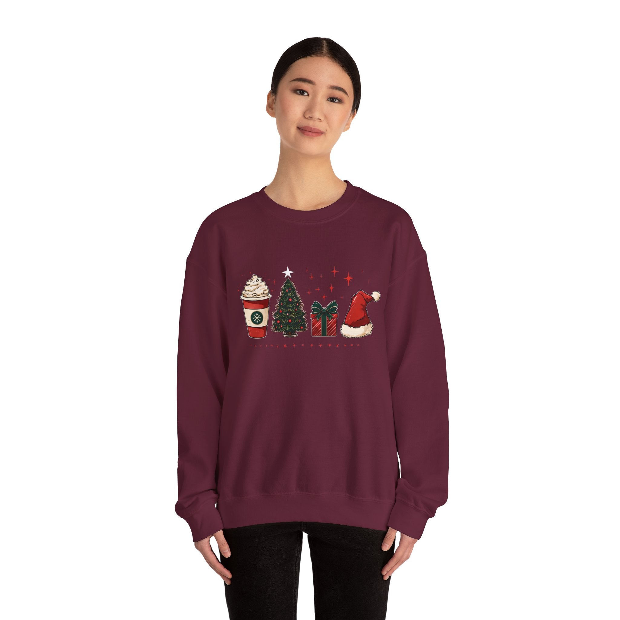 Christmas Icons Crewneck Sweatshirt — Holiday Coffee, Tree & Santa Hat Design