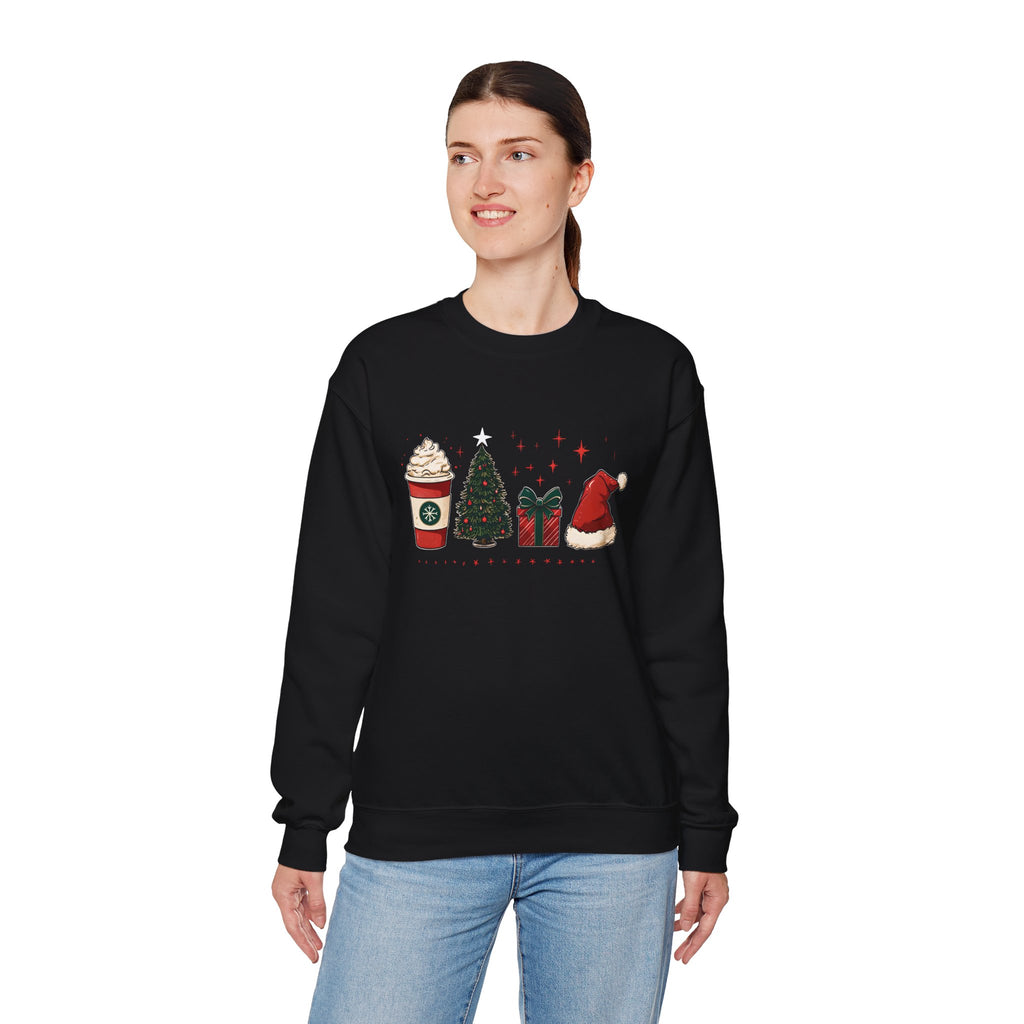 Christmas Icons Crewneck Sweatshirt — Holiday Coffee, Tree & Santa Hat Design