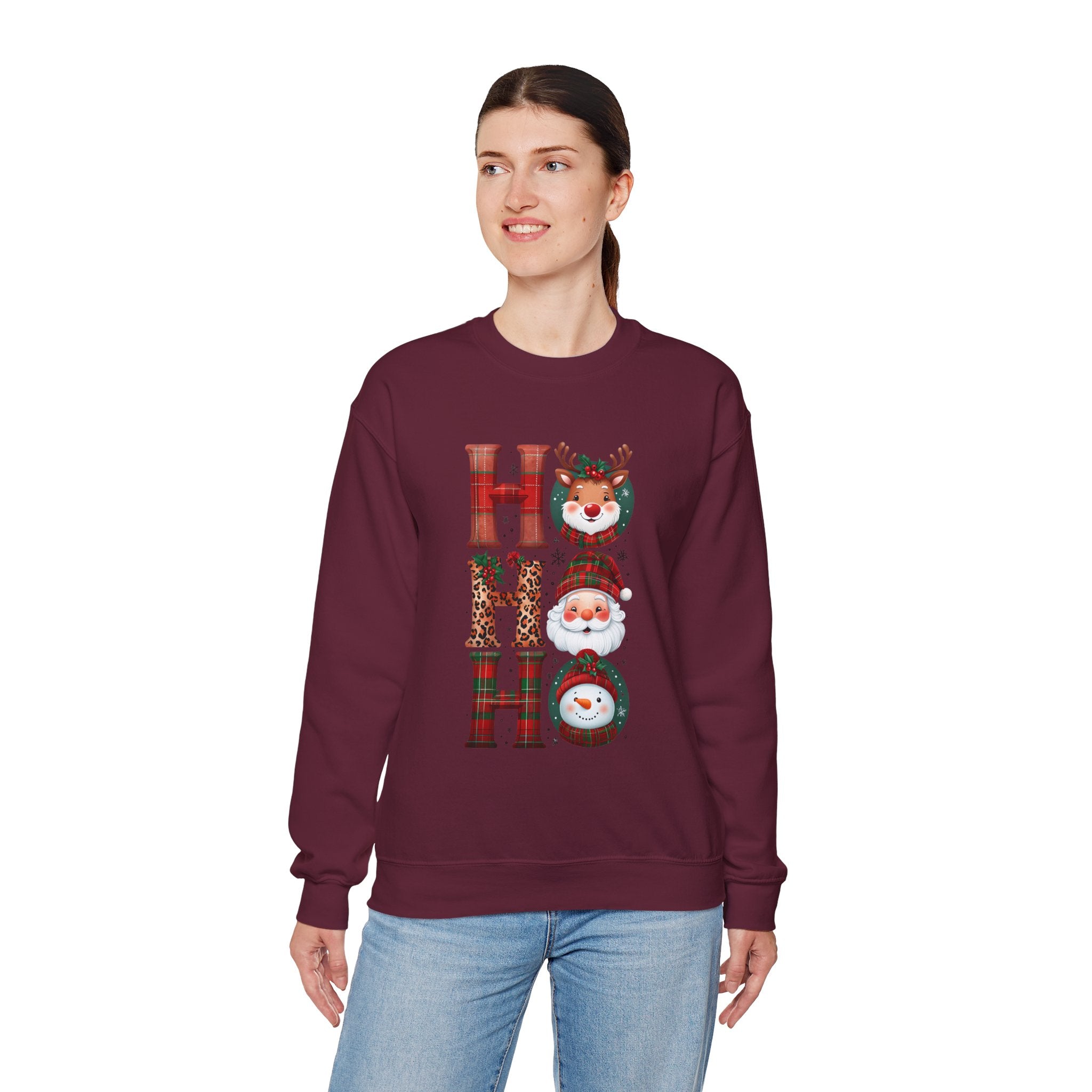 Christmas 'HO HO HO' Crewneck Sweatshirt — Santa, Reindeer & Snowman Holiday Sweatshirt