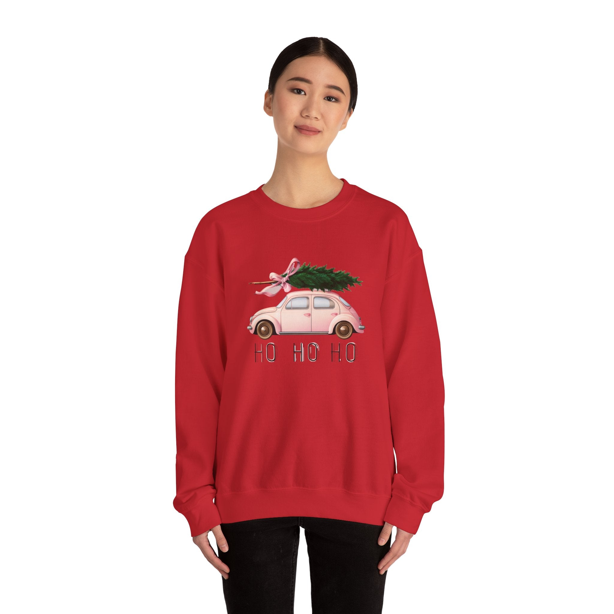Christmas Tree Car Sweatshirt – Pink Beetle with 'Ho Ho Ho' Holiday Crewneck