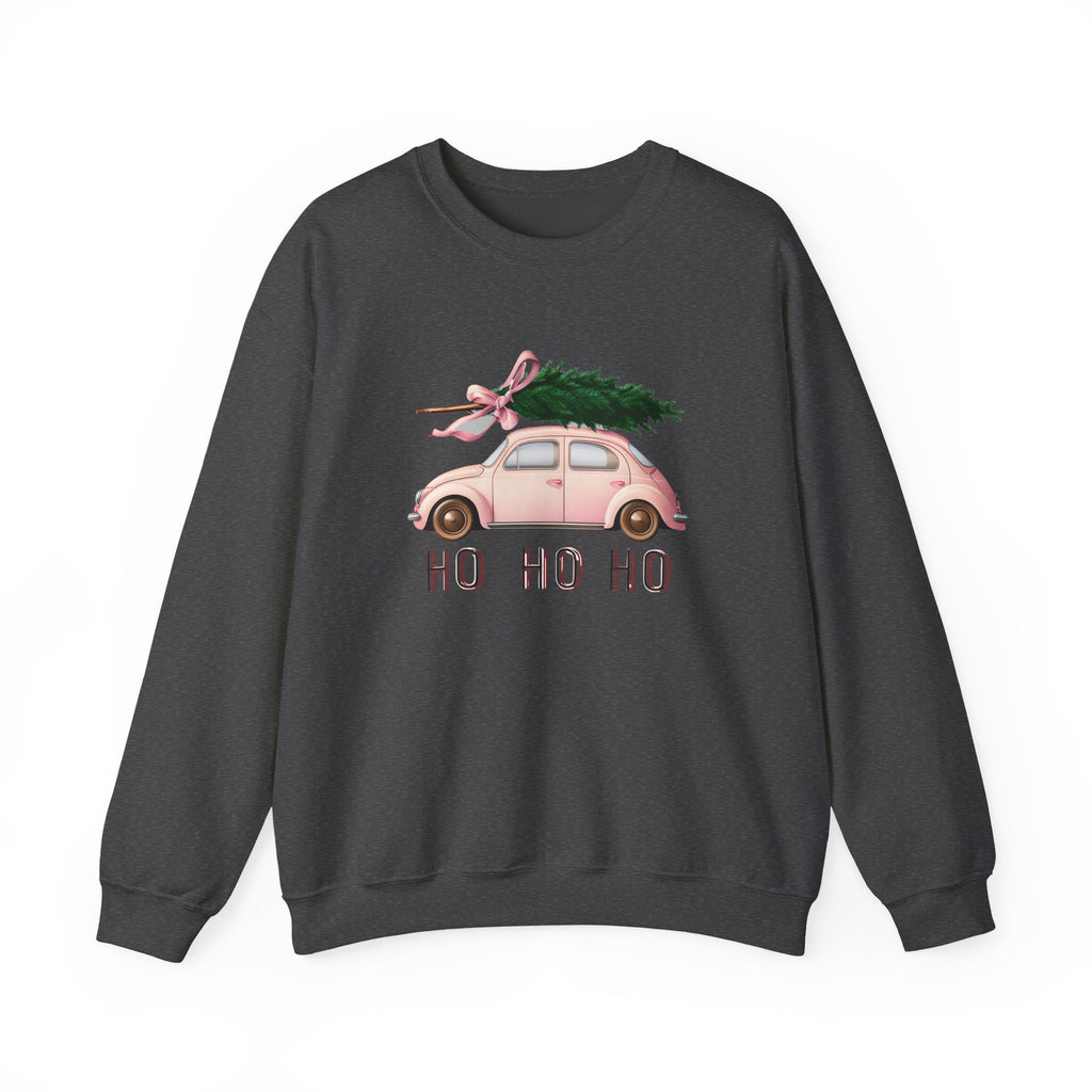 Christmas Tree Car Sweatshirt – Pink Beetle with 'Ho Ho Ho' Holiday Crewneck