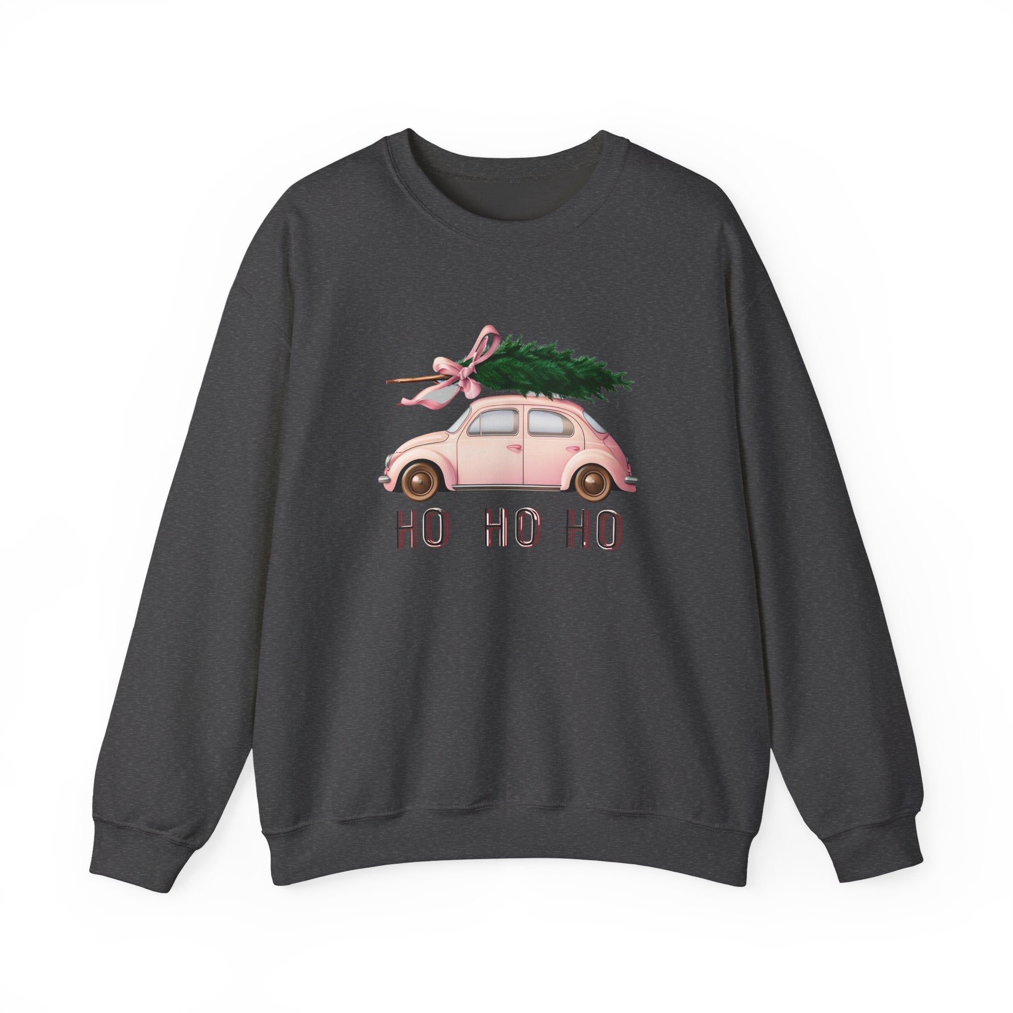 Christmas Tree Car Sweatshirt – Pink Beetle with 'Ho Ho Ho' Holiday Crewneck