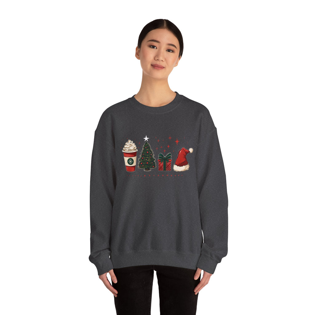 Christmas Icons Crewneck Sweatshirt — Holiday Coffee, Tree & Santa Hat Design