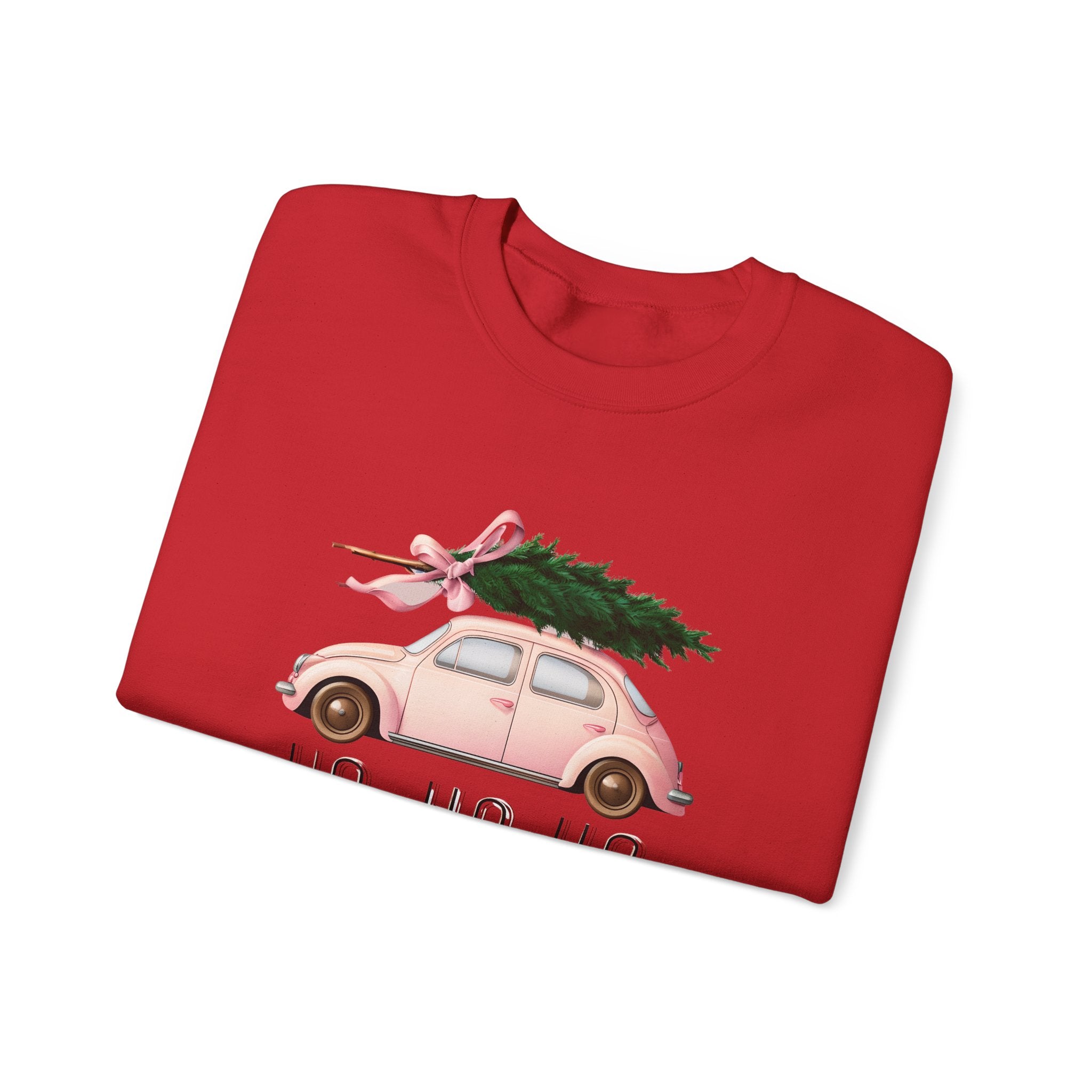 Christmas Tree Car Sweatshirt – Pink Beetle with 'Ho Ho Ho' Holiday Crewneck