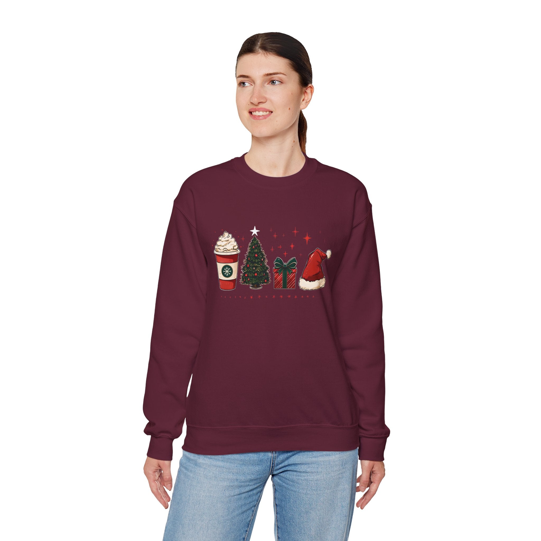 Christmas Icons Crewneck Sweatshirt — Holiday Coffee, Tree & Santa Hat Design