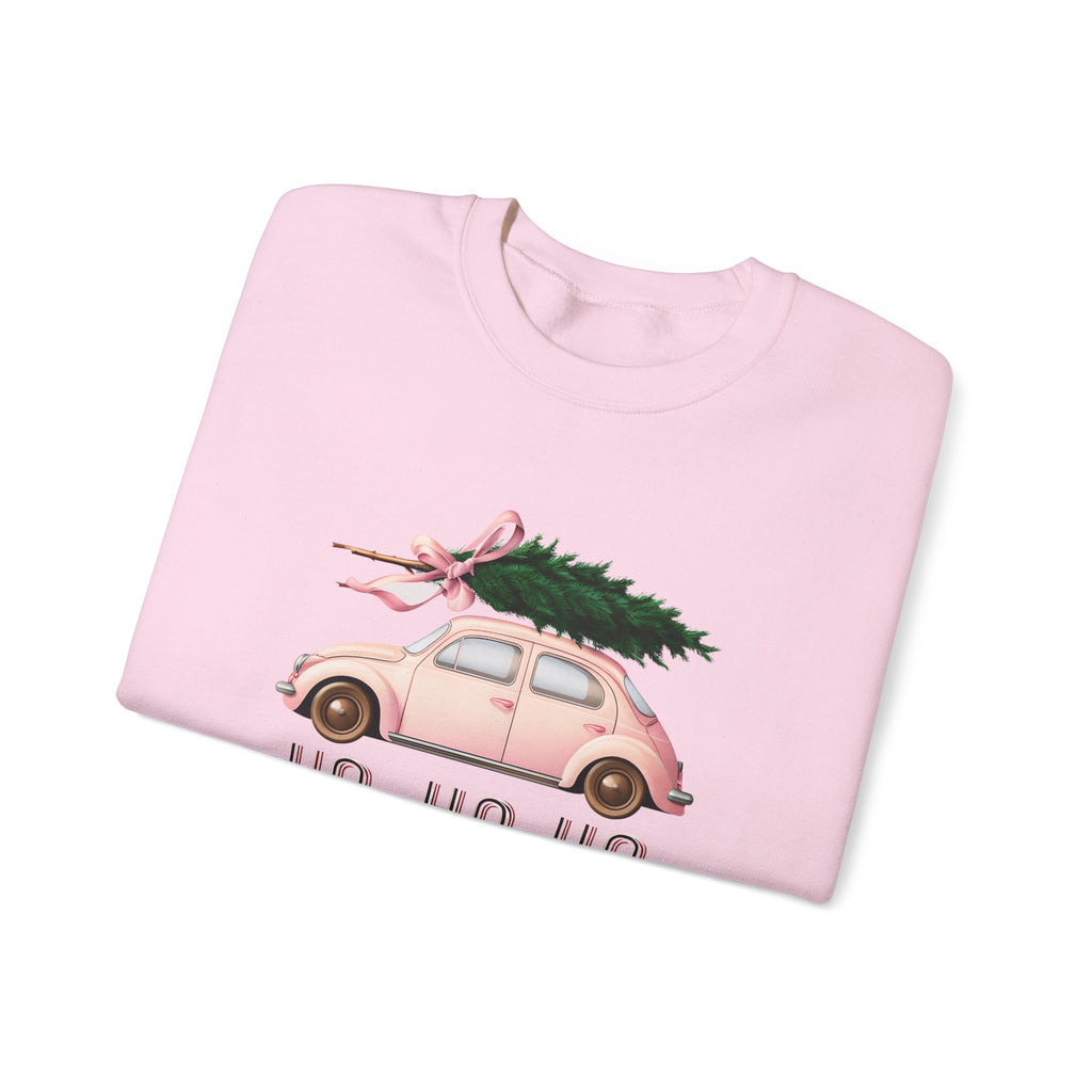 Christmas Tree Car Sweatshirt – Pink Beetle with 'Ho Ho Ho' Holiday Crewneck
