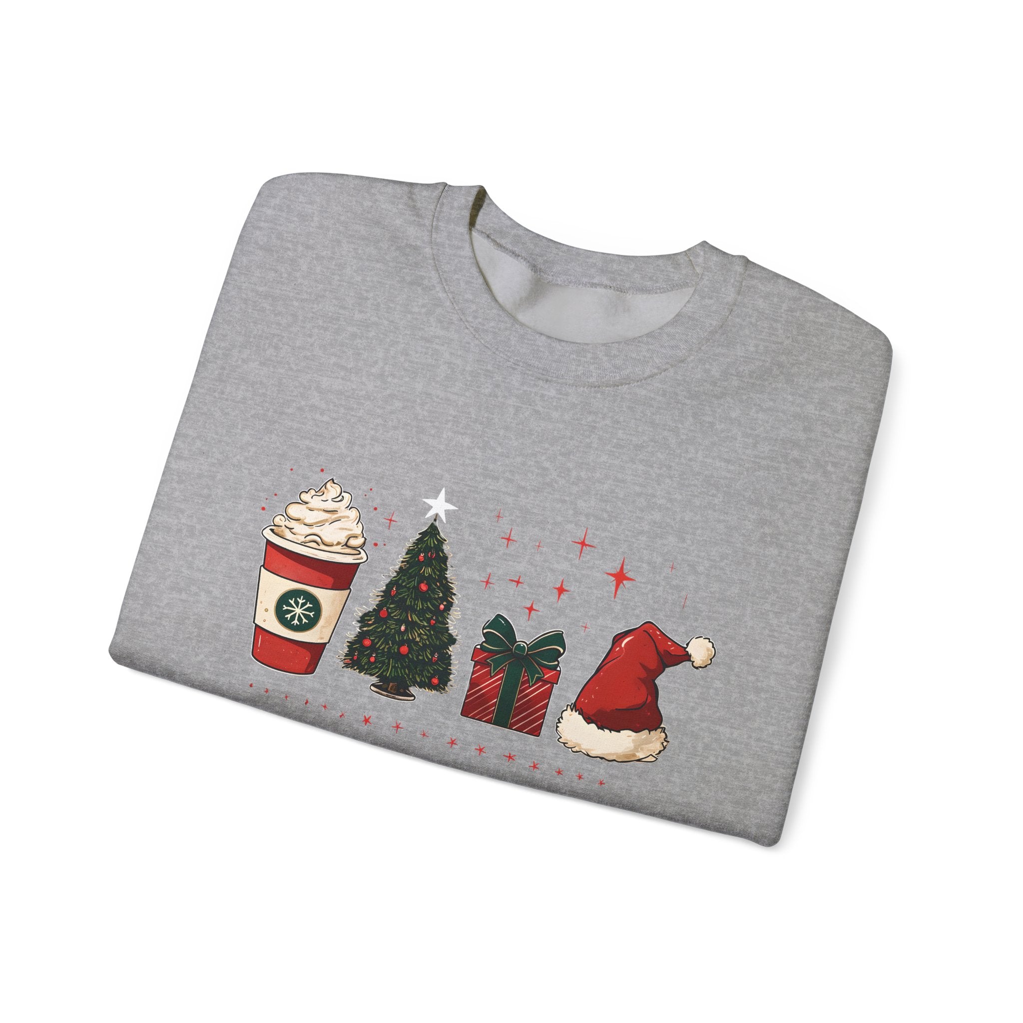 Christmas Icons Crewneck Sweatshirt — Holiday Coffee, Tree & Santa Hat Design