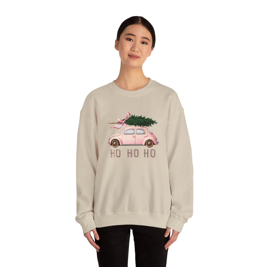 Christmas Tree Car Sweatshirt – Pink Beetle with 'Ho Ho Ho' Holiday Crewneck