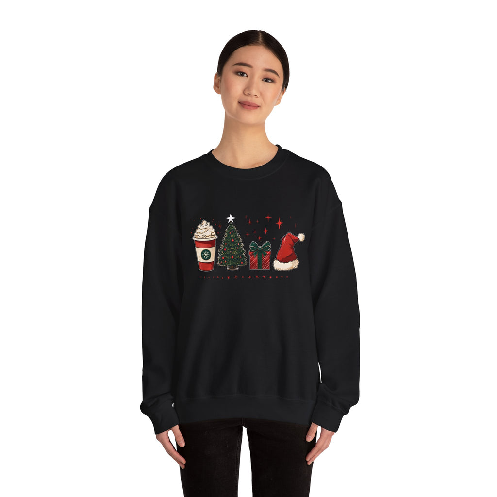 Christmas Icons Crewneck Sweatshirt — Holiday Coffee, Tree & Santa Hat Design
