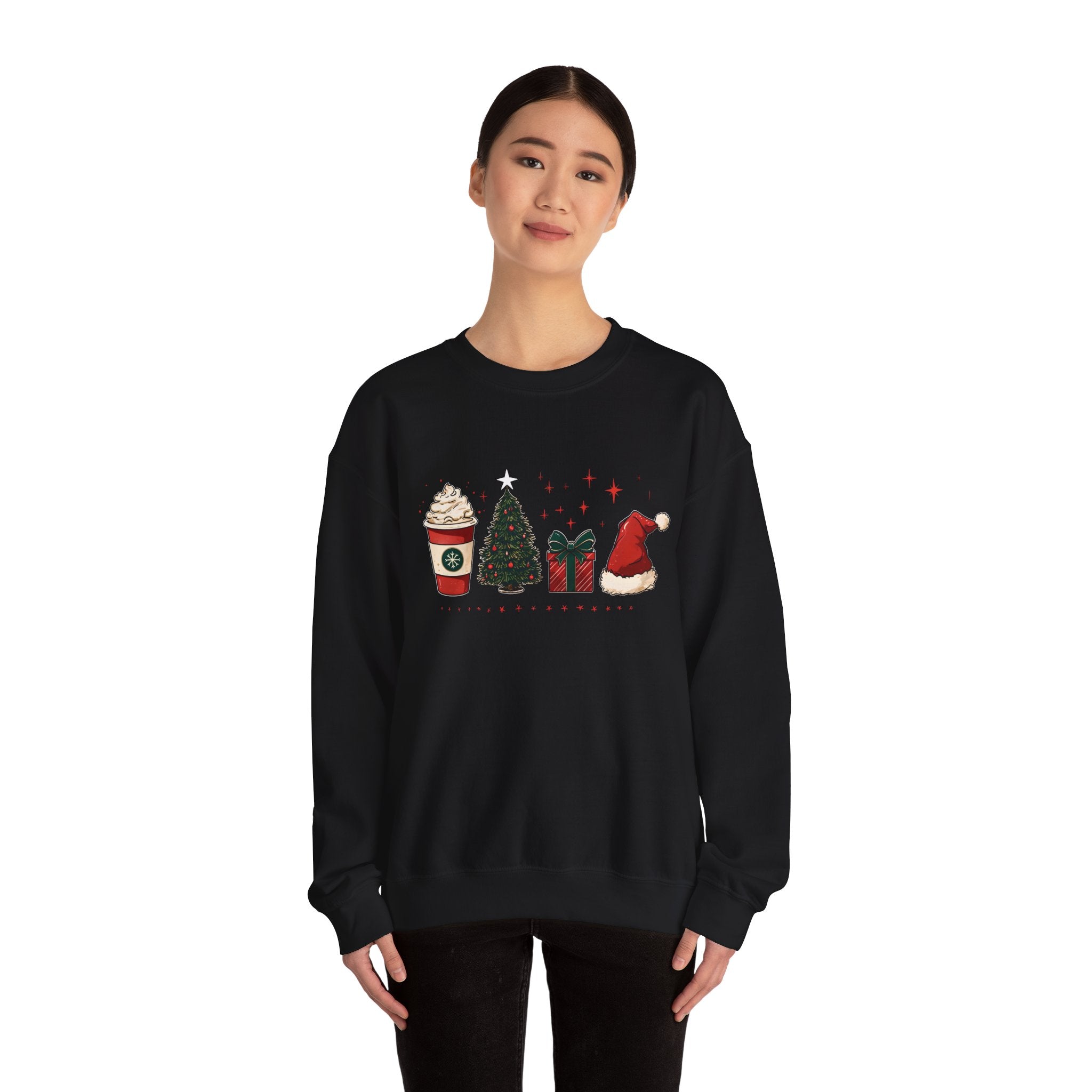 Christmas Icons Crewneck Sweatshirt — Holiday Coffee, Tree & Santa Hat Design