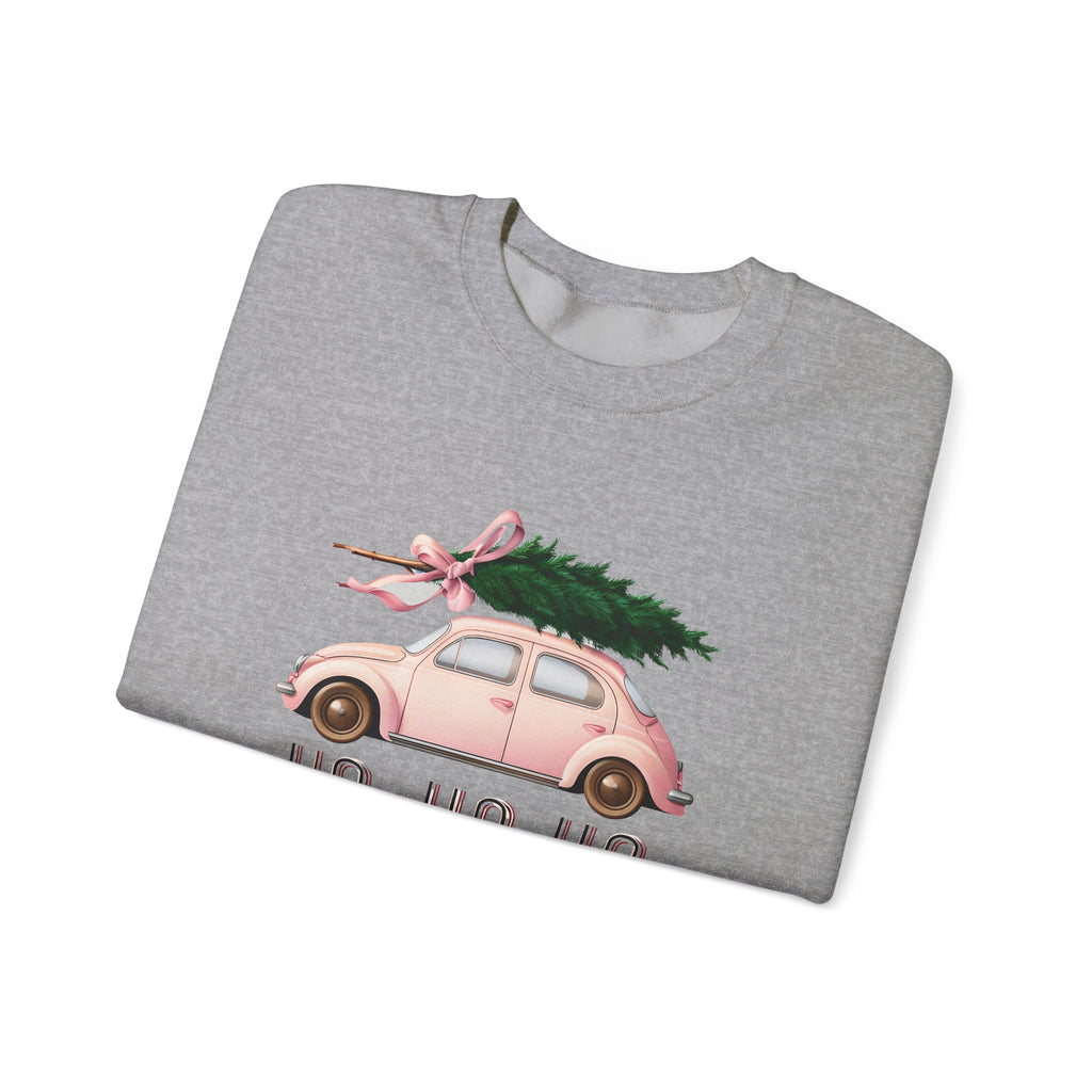 Christmas Tree Car Sweatshirt – Pink Beetle with 'Ho Ho Ho' Holiday Crewneck