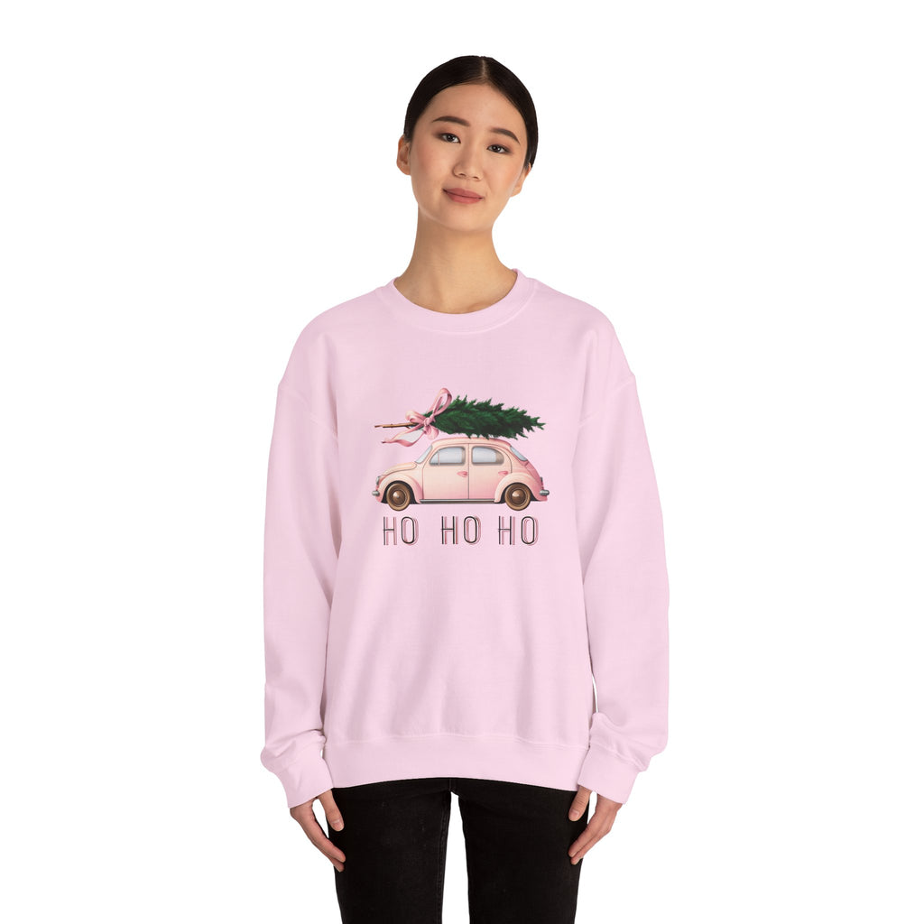 Christmas Tree Car Sweatshirt – Pink Beetle with 'Ho Ho Ho' Holiday Crewneck