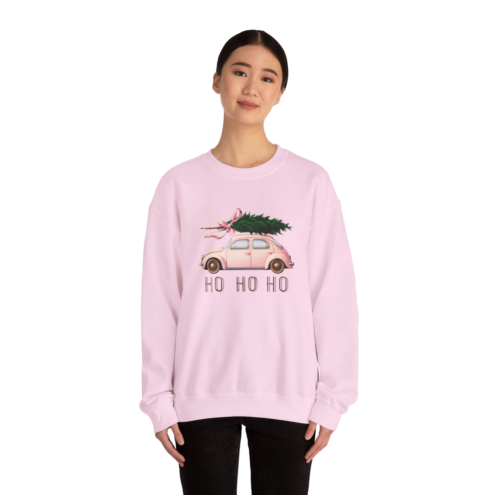 Christmas Tree Car Sweatshirt – Pink Beetle with 'Ho Ho Ho' Holiday Crewneck
