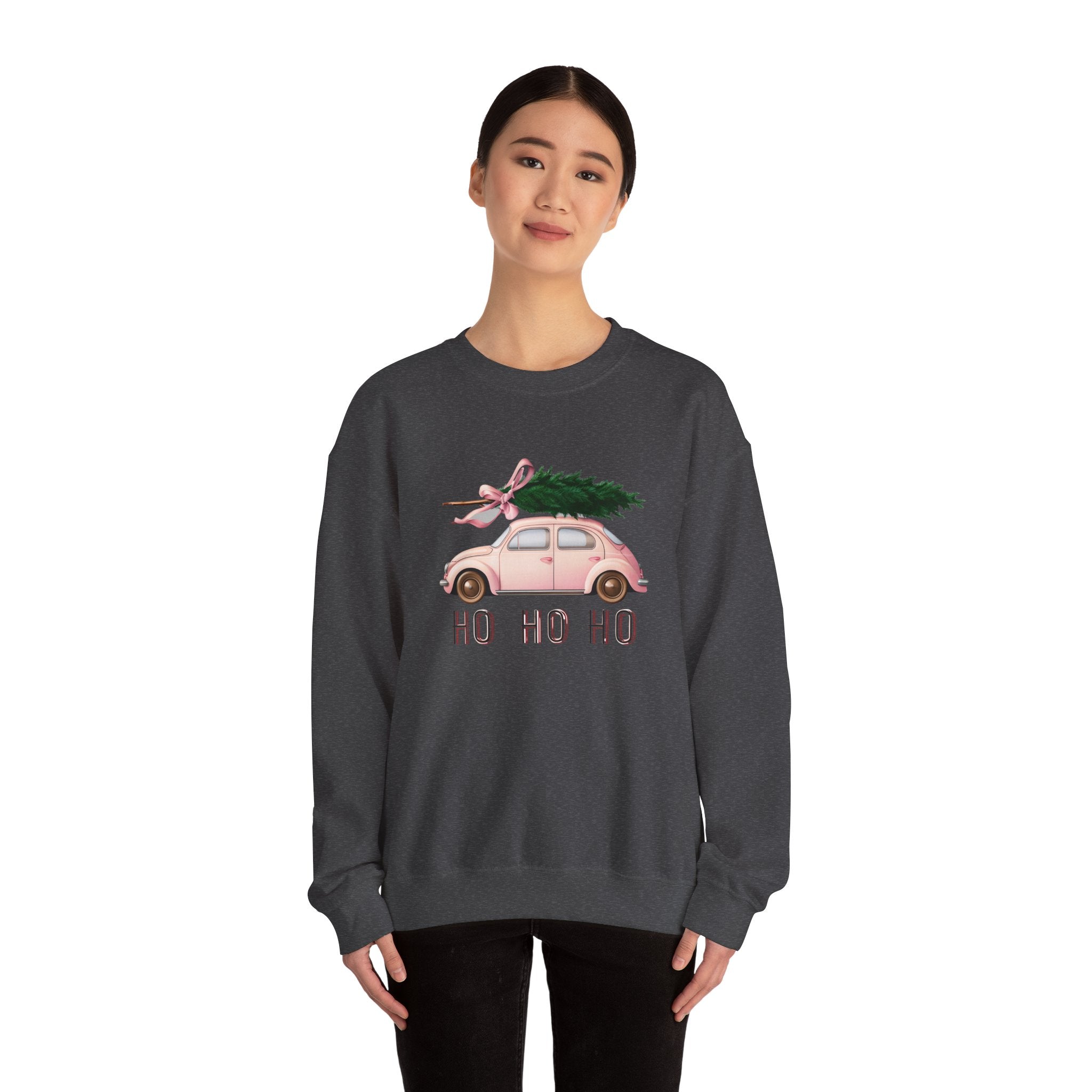 Christmas Tree Car Sweatshirt – Pink Beetle with 'Ho Ho Ho' Holiday Crewneck