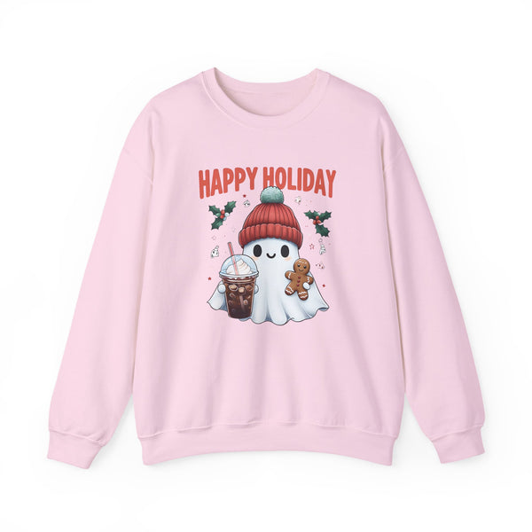 Holiday  Crewneck Sweatshirt — "Happy Holiday" Cute Ghost with Cocoa & Gingerbread