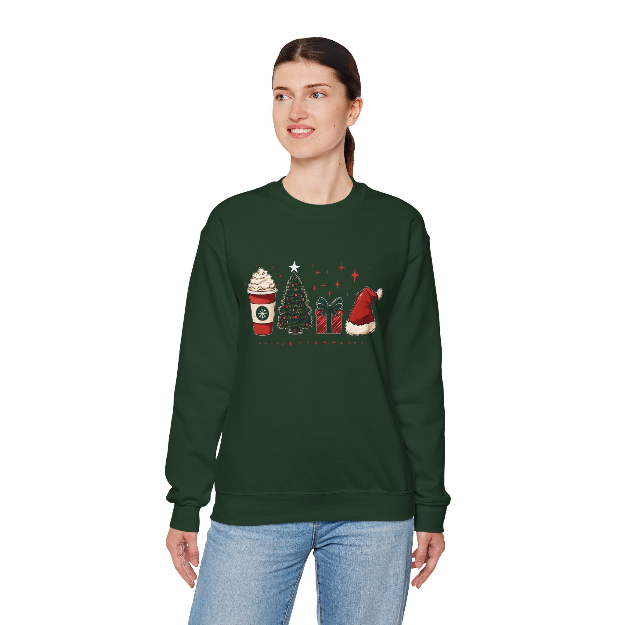 Christmas Icons Crewneck Sweatshirt — Holiday Coffee, Tree & Santa Hat Design