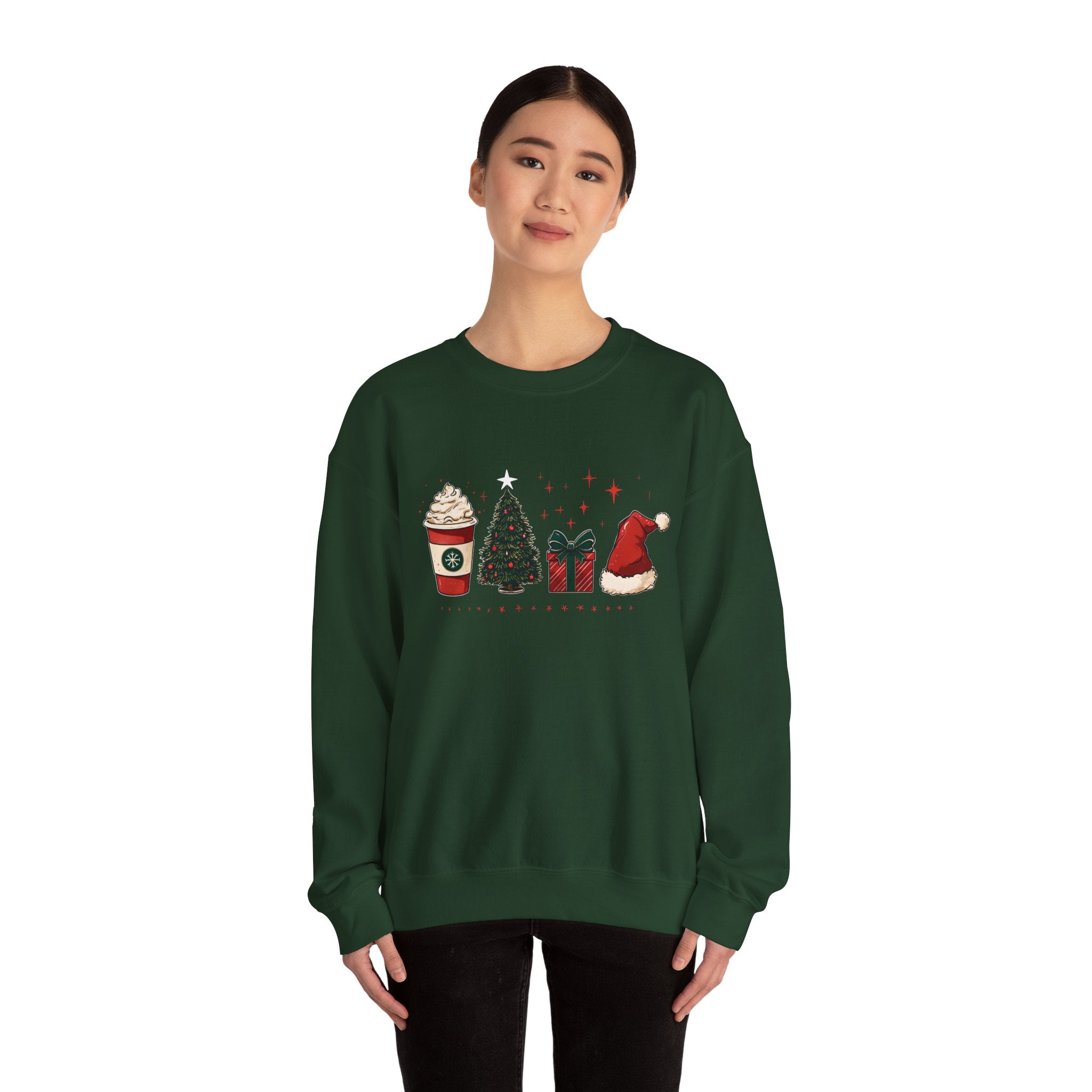 Christmas Icons Crewneck Sweatshirt — Holiday Coffee, Tree & Santa Hat Design