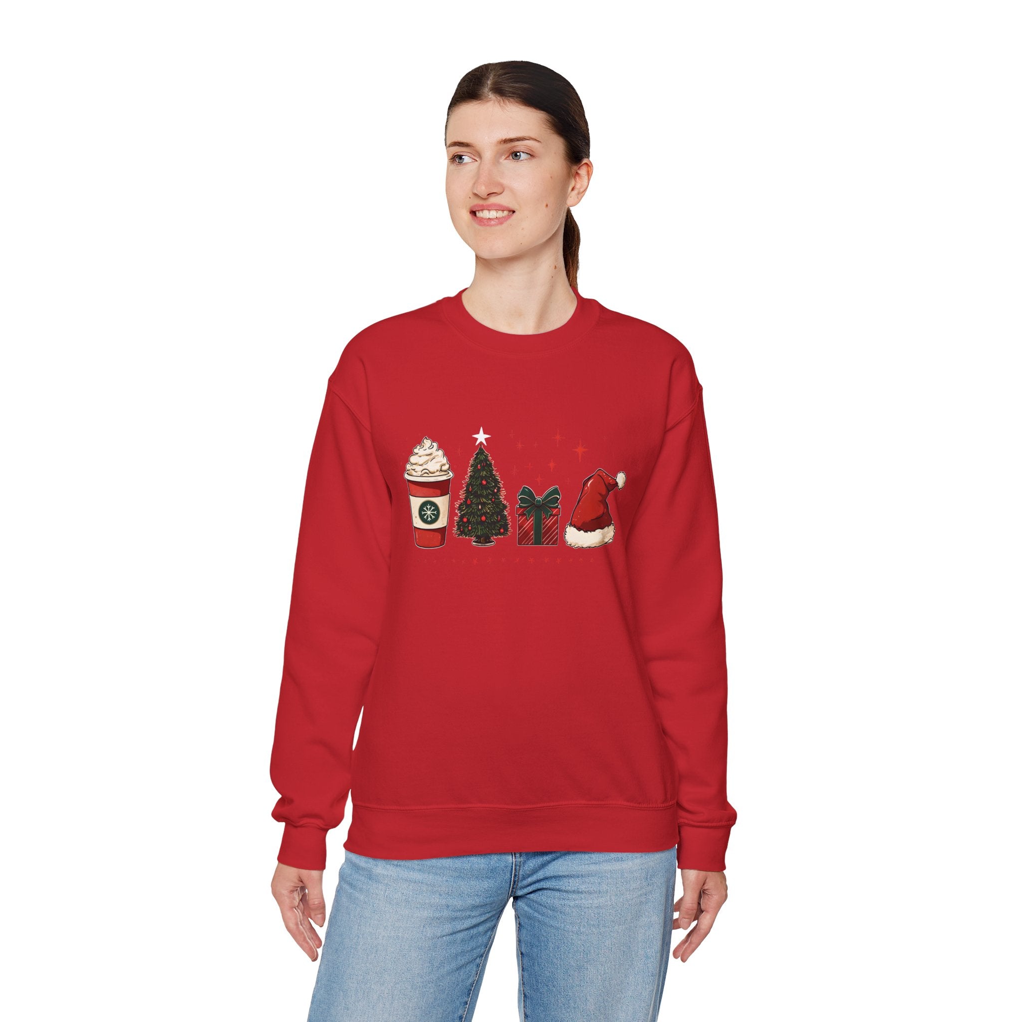Christmas Icons Crewneck Sweatshirt — Holiday Coffee, Tree & Santa Hat Design