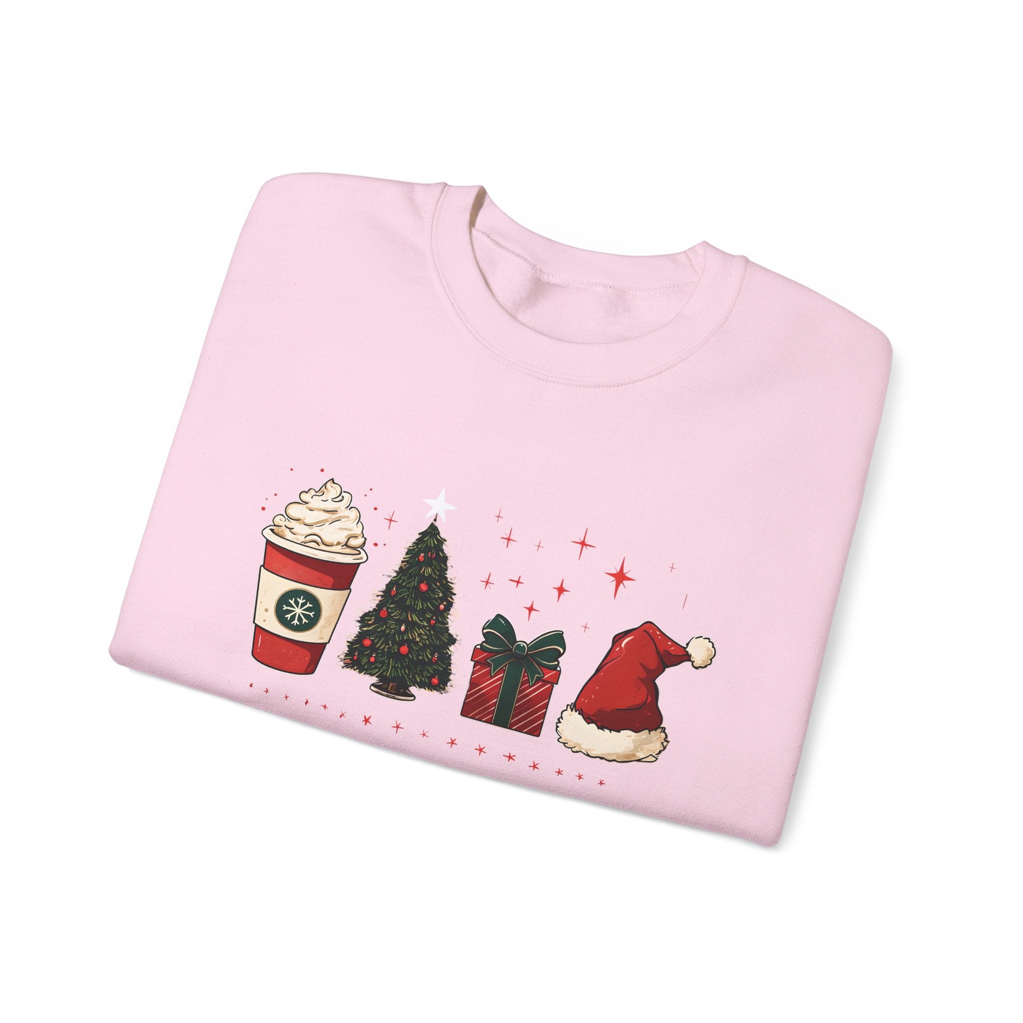 Christmas Icons Crewneck Sweatshirt — Holiday Coffee, Tree & Santa Hat Design