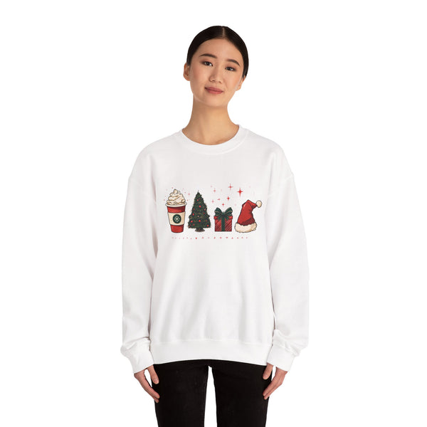 Christmas Icons Crewneck Sweatshirt — Holiday Coffee, Tree & Santa Hat Design