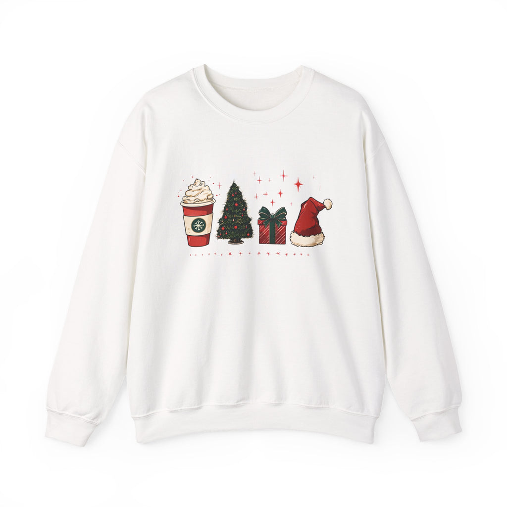 Christmas Icons Crewneck Sweatshirt — Holiday Coffee, Tree & Santa Hat Design