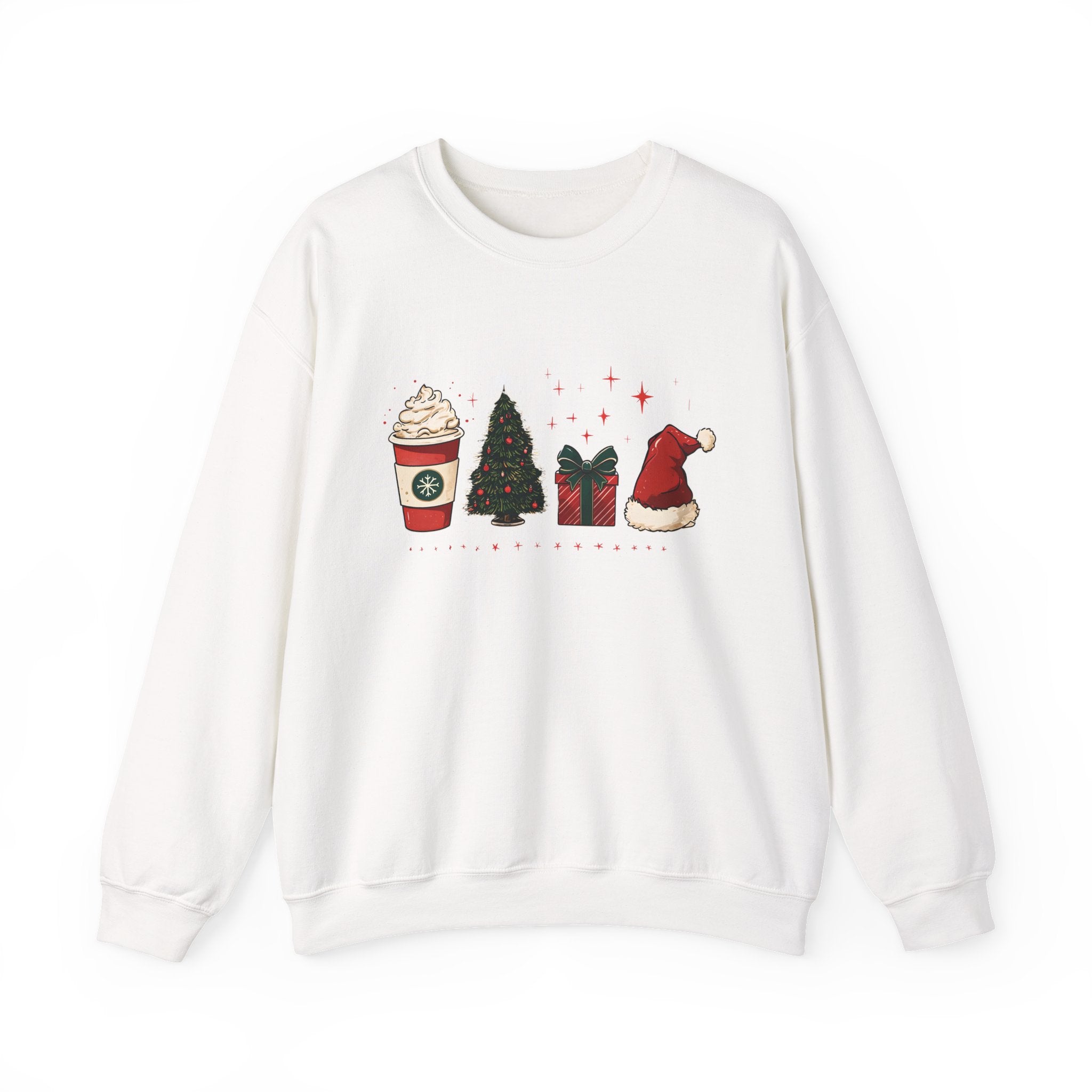 Christmas Icons Crewneck Sweatshirt — Holiday Coffee, Tree & Santa Hat Design
