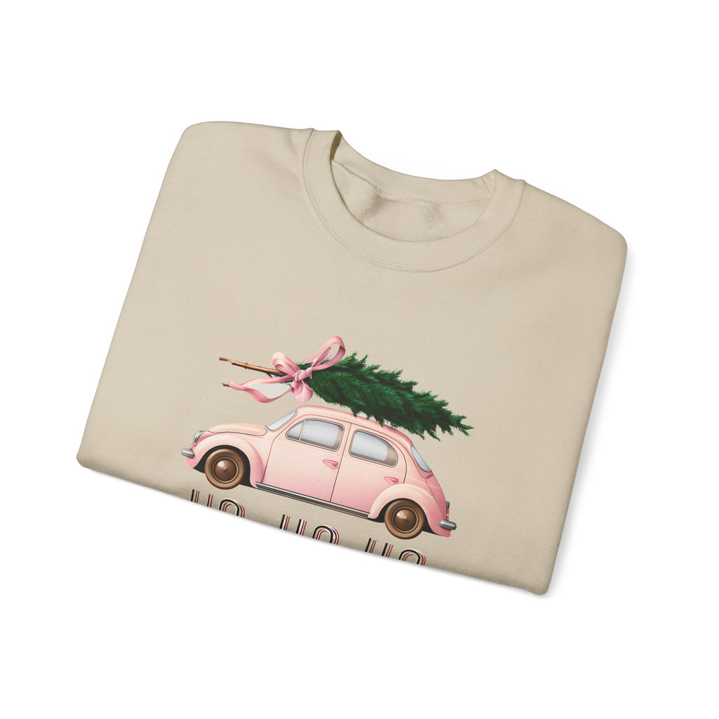 Christmas Tree Car Sweatshirt – Pink Beetle with 'Ho Ho Ho' Holiday Crewneck