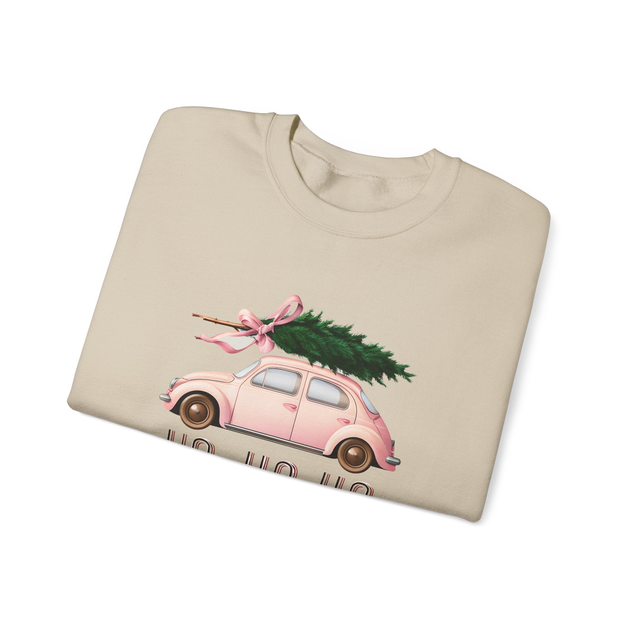 Christmas Tree Car Sweatshirt – Pink Beetle with 'Ho Ho Ho' Holiday Crewneck
