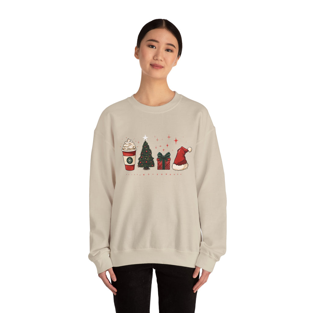 Christmas Icons Crewneck Sweatshirt — Holiday Coffee, Tree & Santa Hat Design
