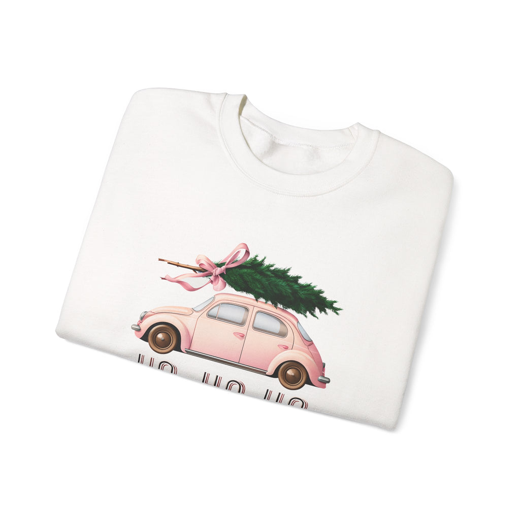 Christmas Tree Car Sweatshirt – Pink Beetle with 'Ho Ho Ho' Holiday Crewneck
