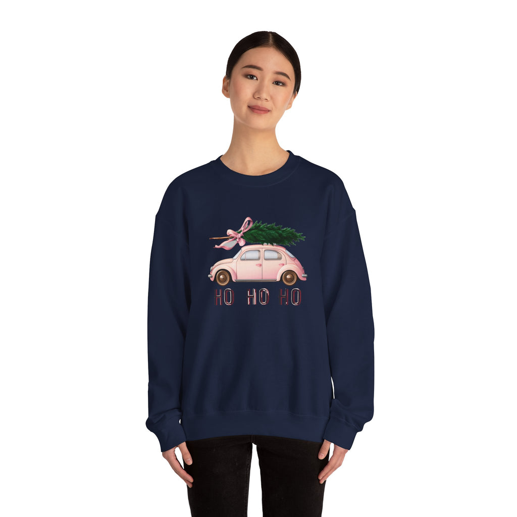 Christmas Tree Car Sweatshirt – Pink Beetle with 'Ho Ho Ho' Holiday Crewneck
