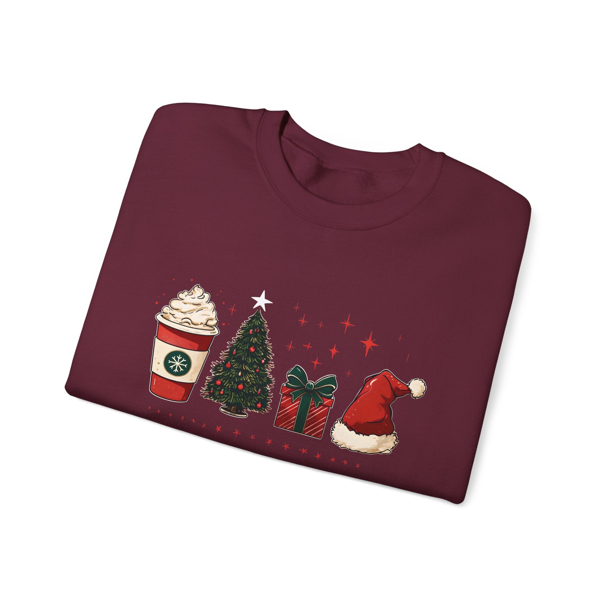 Christmas Icons Crewneck Sweatshirt — Holiday Coffee, Tree & Santa Hat Design