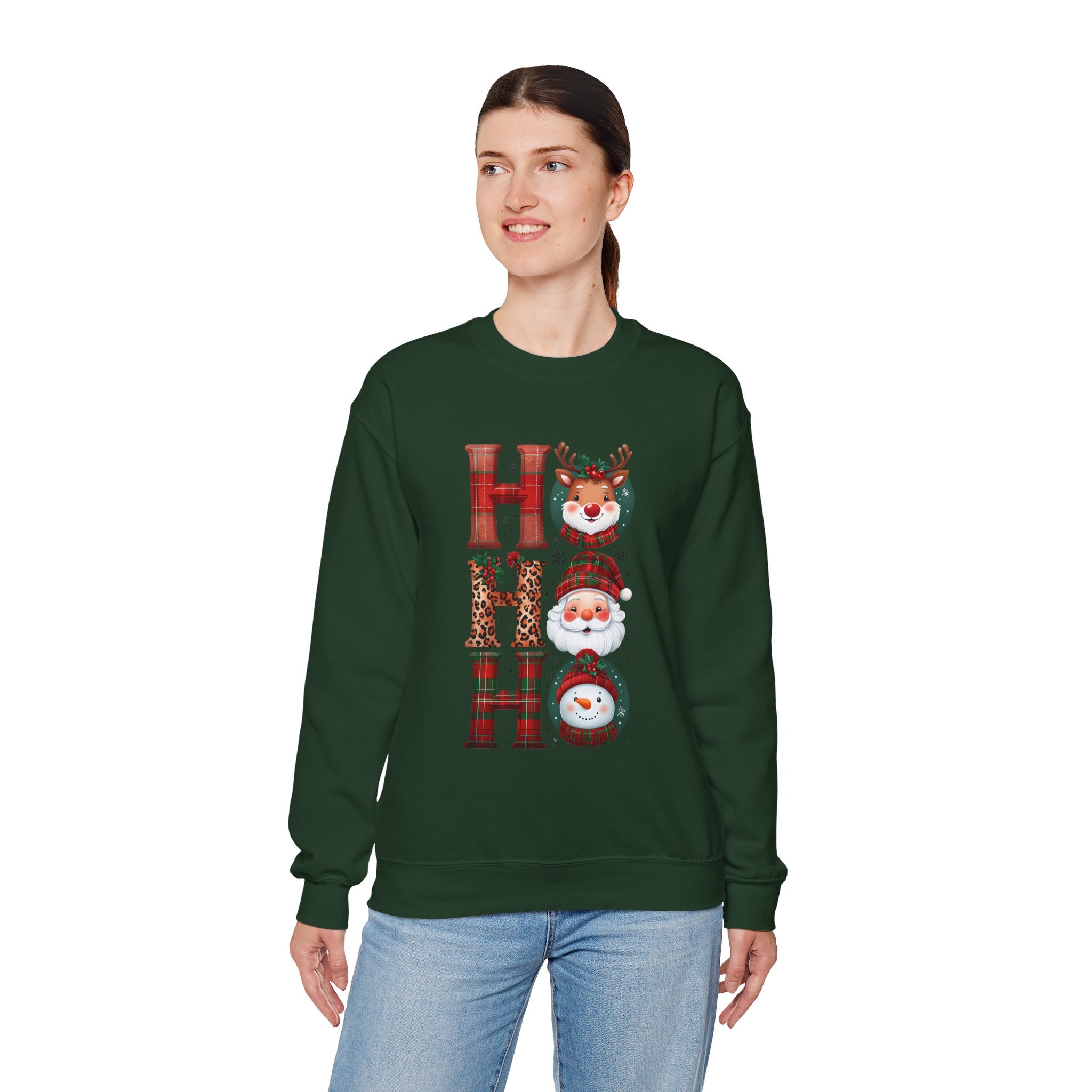 Christmas 'HO HO HO' Crewneck Sweatshirt — Santa, Reindeer & Snowman Holiday Sweatshirt