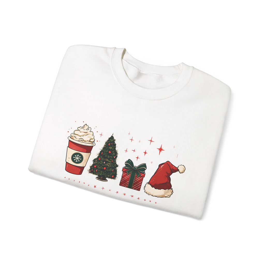 Christmas Icons Crewneck Sweatshirt — Holiday Coffee, Tree & Santa Hat Design