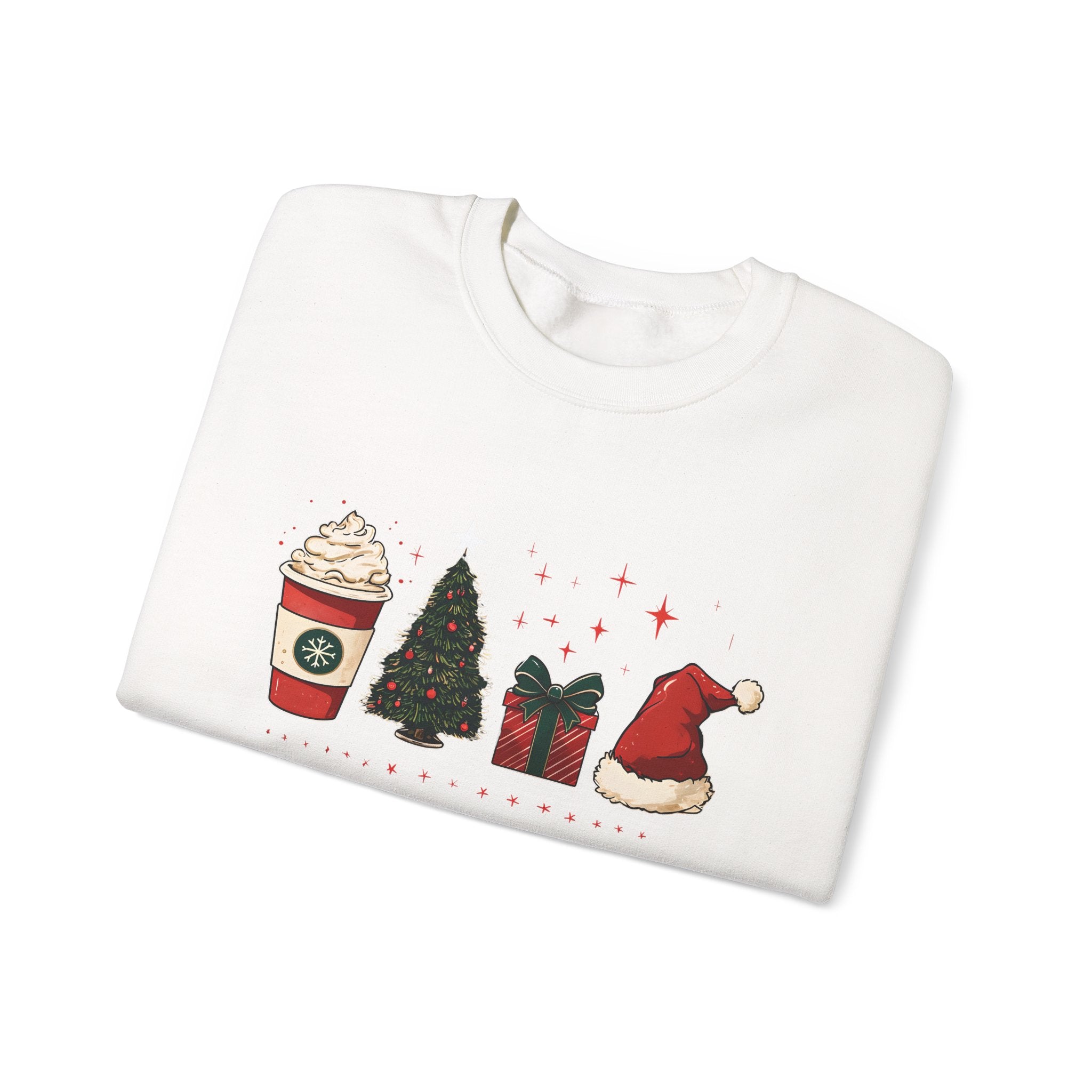 Christmas Icons Crewneck Sweatshirt — Holiday Coffee, Tree & Santa Hat Design