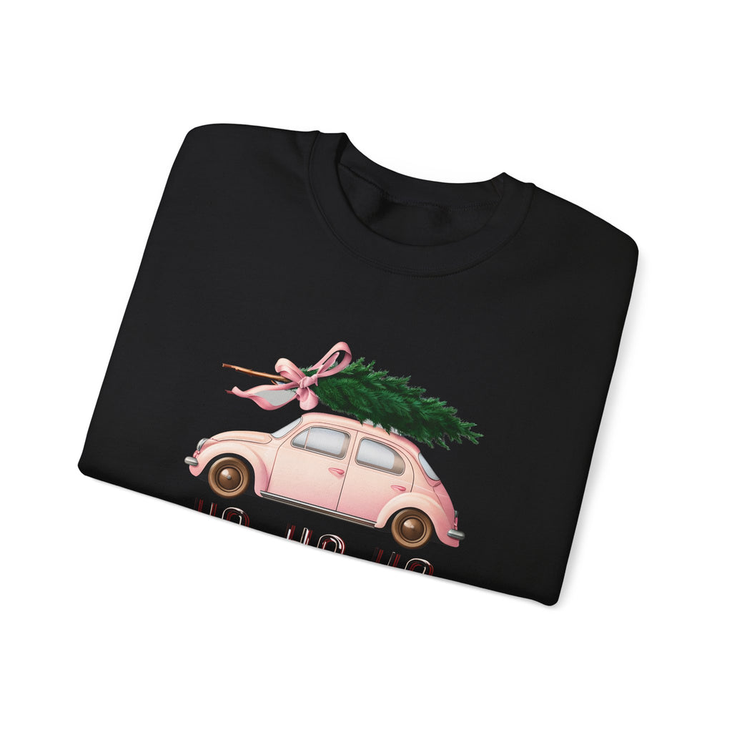 Christmas Tree Car Sweatshirt – Pink Beetle with 'Ho Ho Ho' Holiday Crewneck
