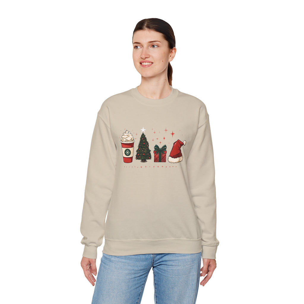 Christmas Icons Crewneck Sweatshirt — Holiday Coffee, Tree & Santa Hat Design
