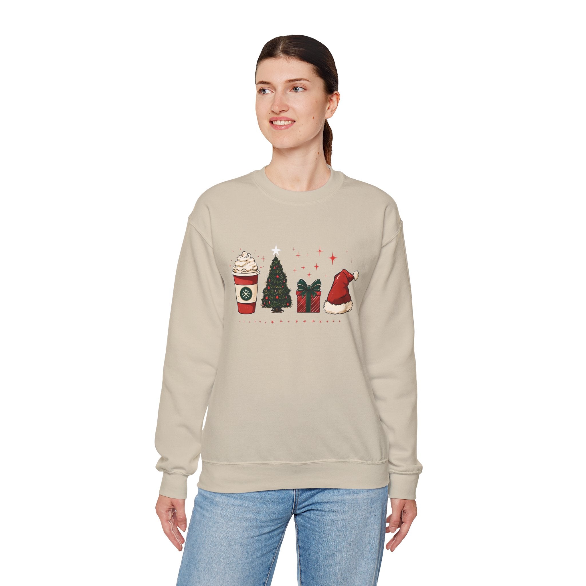Christmas Icons Crewneck Sweatshirt — Holiday Coffee, Tree & Santa Hat Design