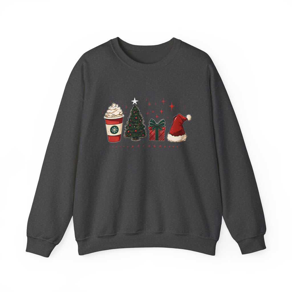 Christmas Icons Crewneck Sweatshirt — Holiday Coffee, Tree & Santa Hat Design
