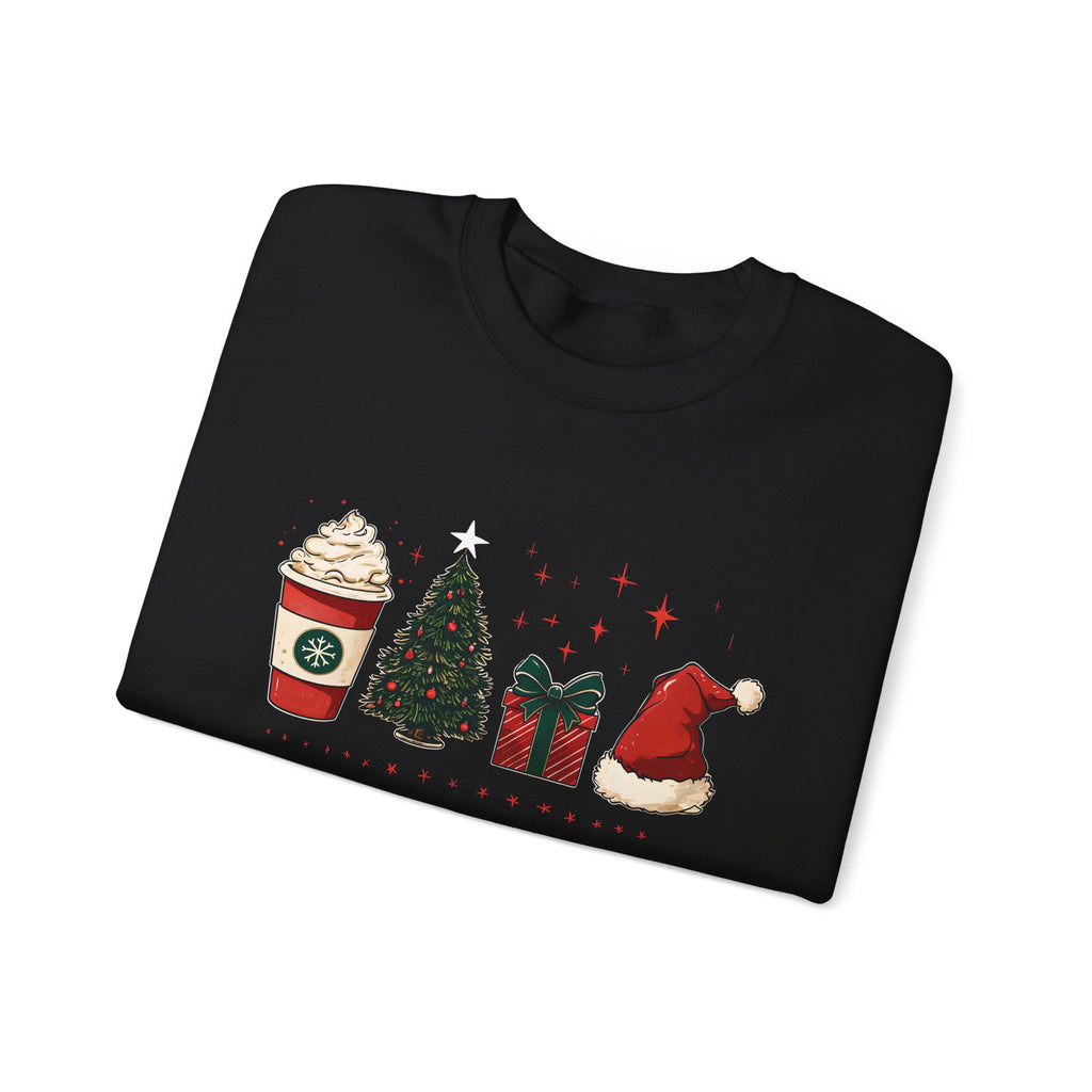 Christmas Icons Crewneck Sweatshirt — Holiday Coffee, Tree & Santa Hat Design