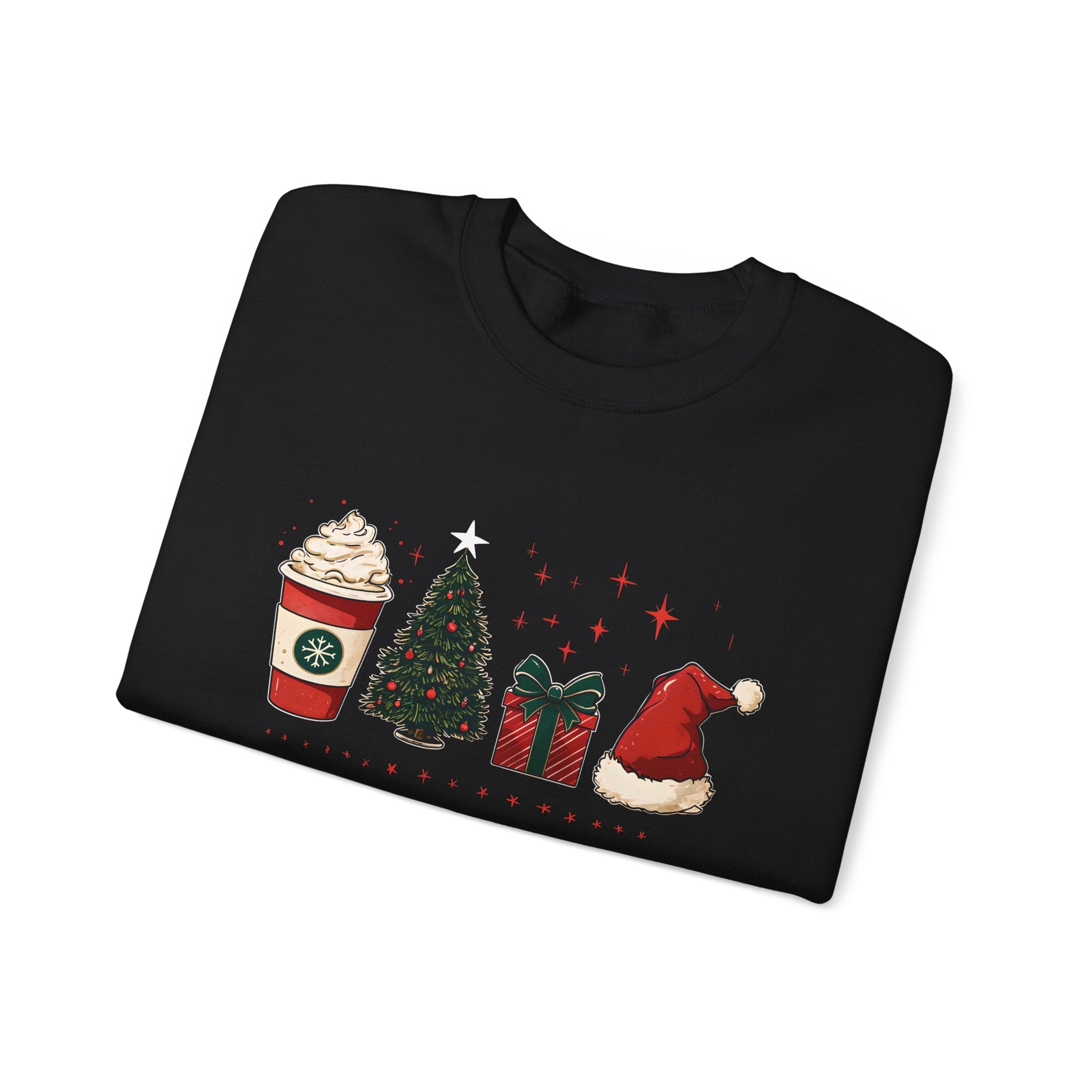 Christmas Icons Crewneck Sweatshirt — Holiday Coffee, Tree & Santa Hat Design